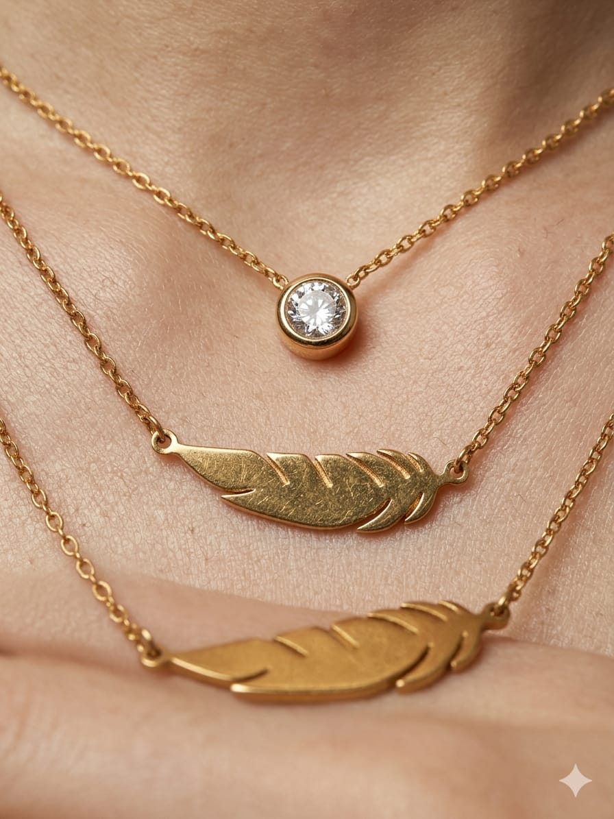 3 layered thin chain leafs and round crystal