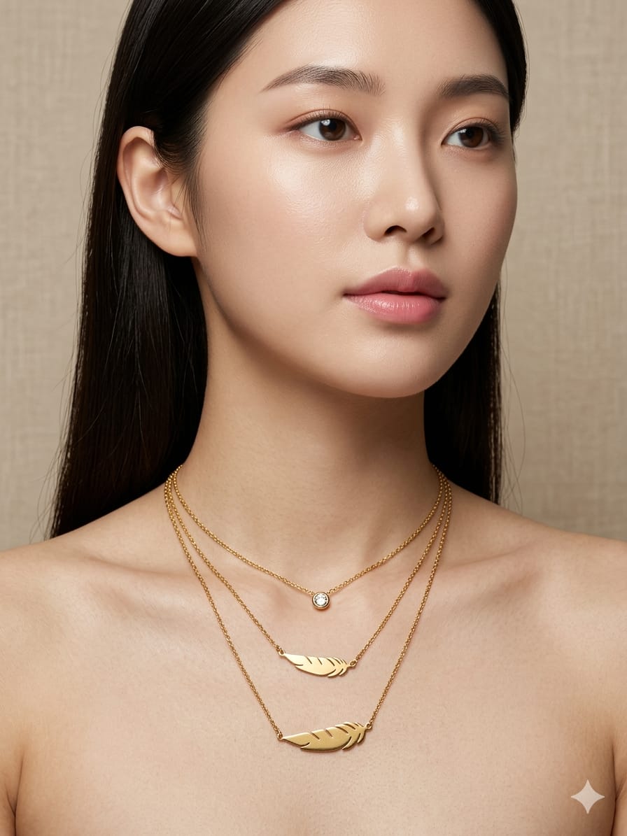 3 layered thin chain leafs and round crystal