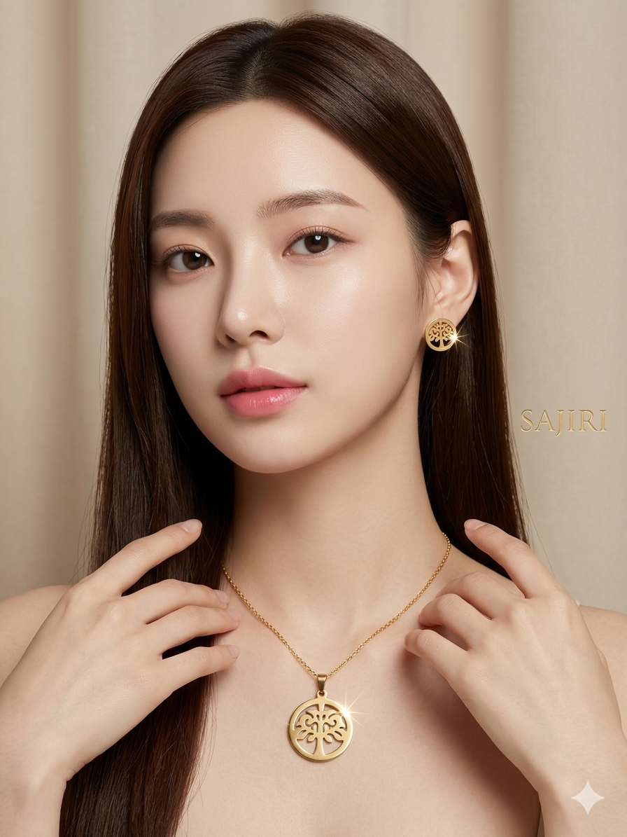 TREE INSIDE CIRCLE PENDENT CHAIN WITH EARRING SET