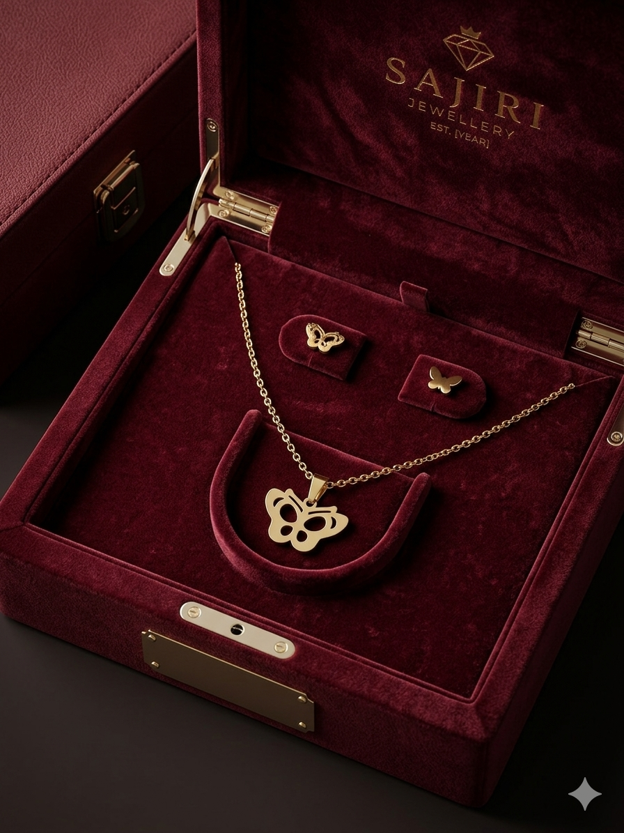 BUTTERFLY WITH DOUBLE LAYER PENDENT CHAIN EARRING SET