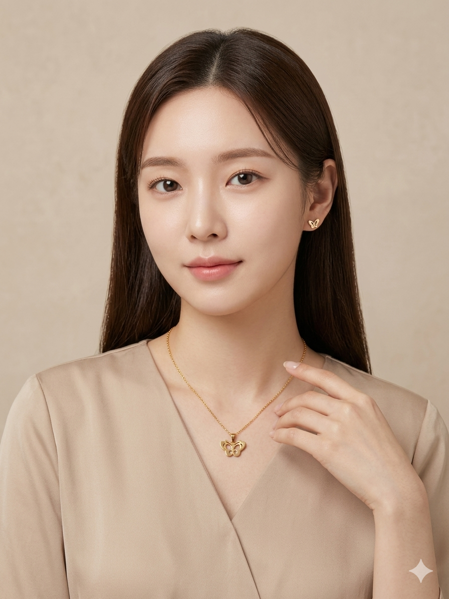 BUTTERFLY WITH DOUBLE LAYER PENDENT CHAIN EARRING SET