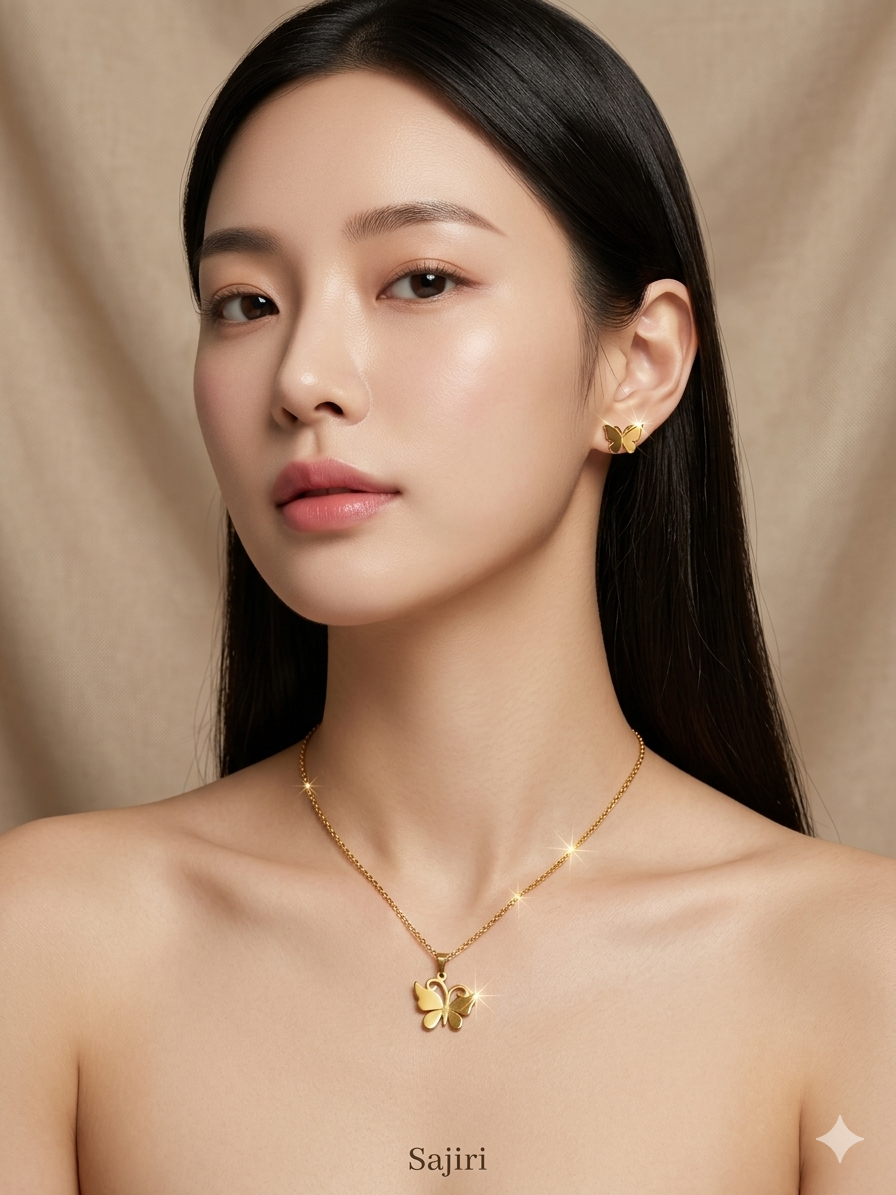BLOCK BUTTERFLY PENDENT CHAIN WITH EARRING SET