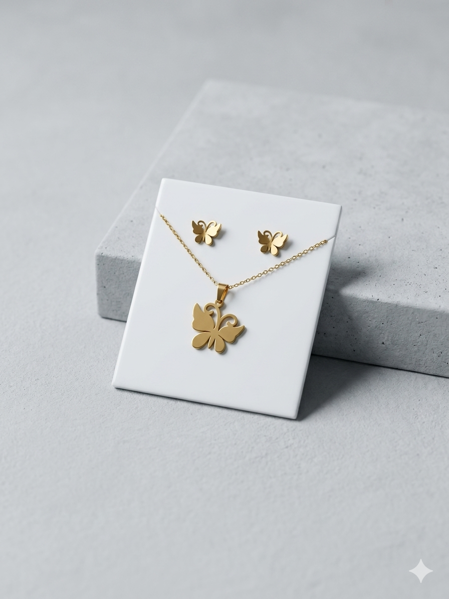 BLOCK BUTTERFLY PENDENT CHAIN WITH EARRING SET