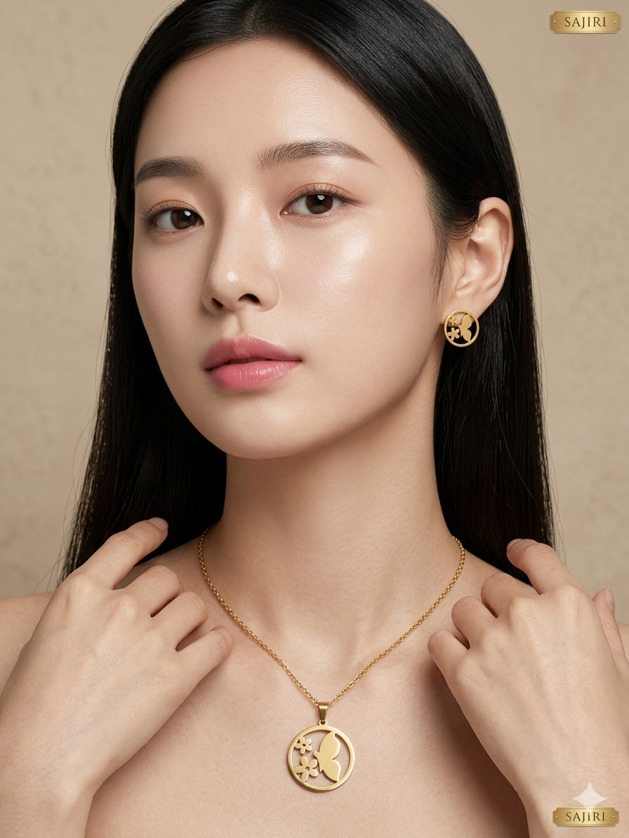HALF BUTTERFLY AND FLOWER INSIDE THE CIRCLE PENDNENT WITH EARRING