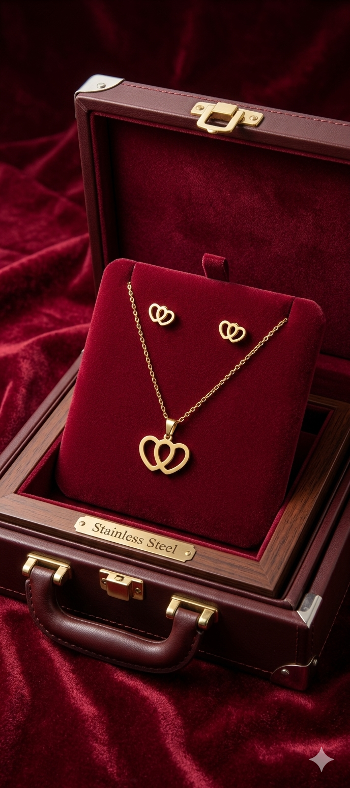 DOUBLE HEART PENDENT CHAIN WITH EARRING SET