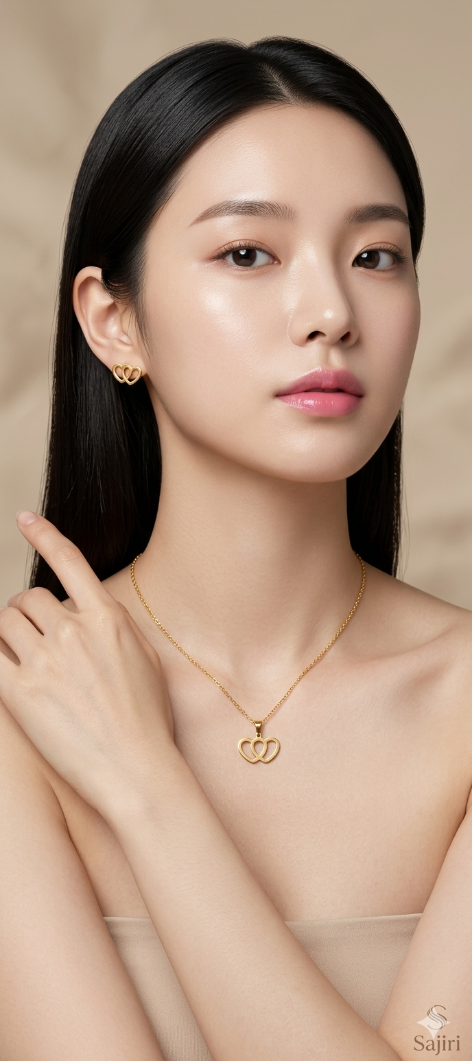 DOUBLE HEART PENDENT CHAIN WITH EARRING SET