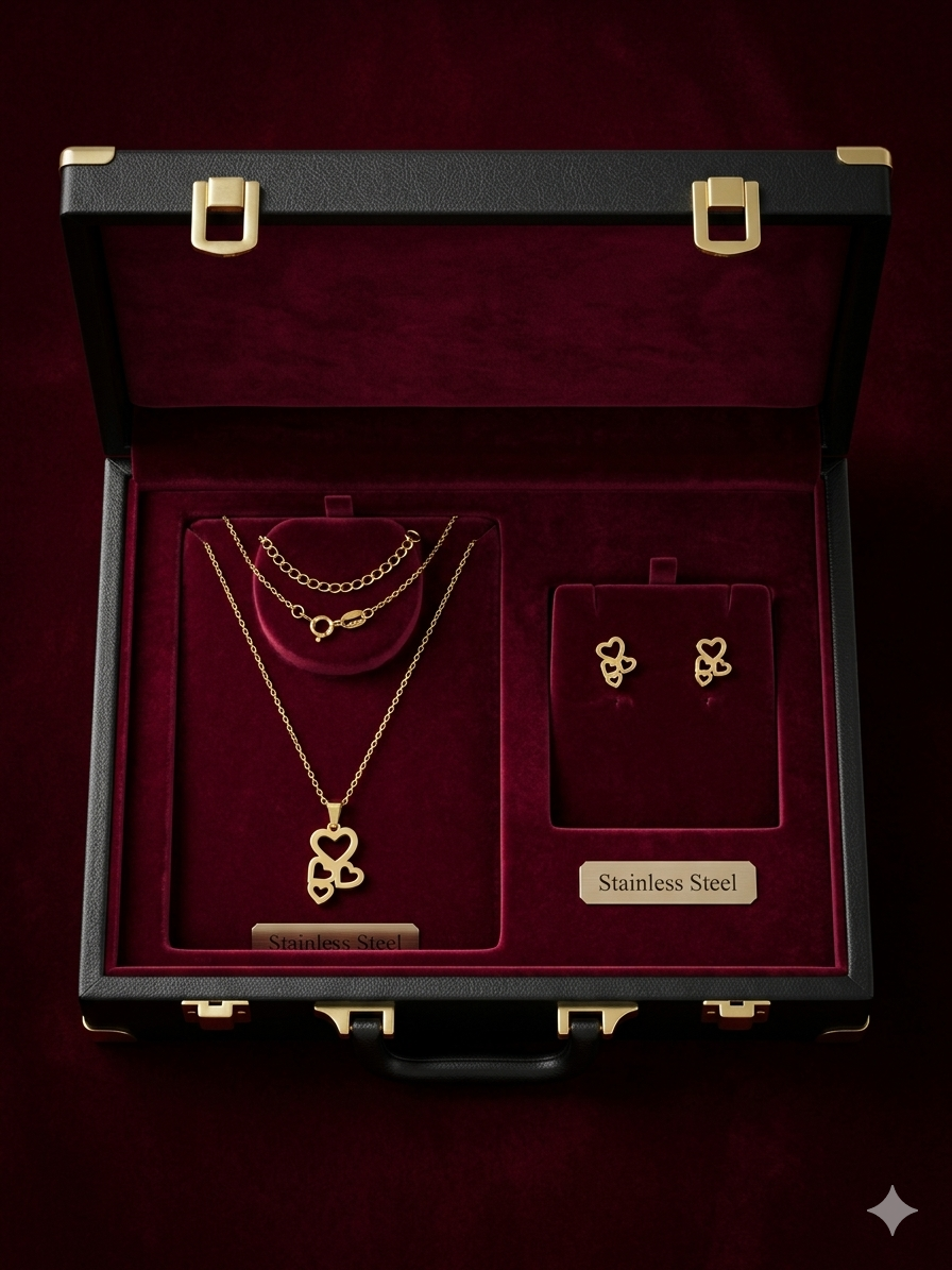MULTIPLE HEART PENDENT CHAIN WITH EARRING SET