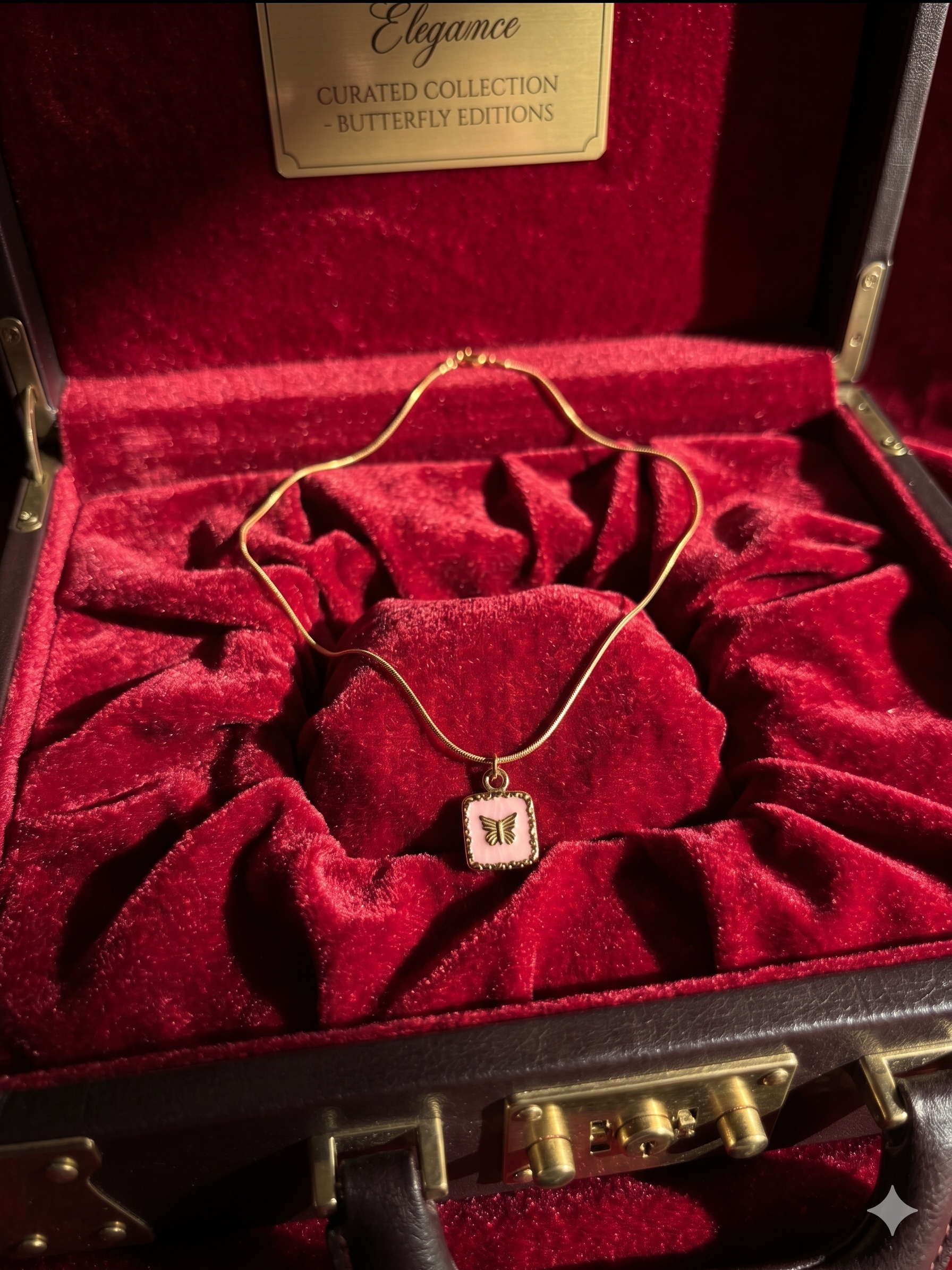 SQAURE PINK PENDENT WITH GOLD BUTTERFLY CHAIN