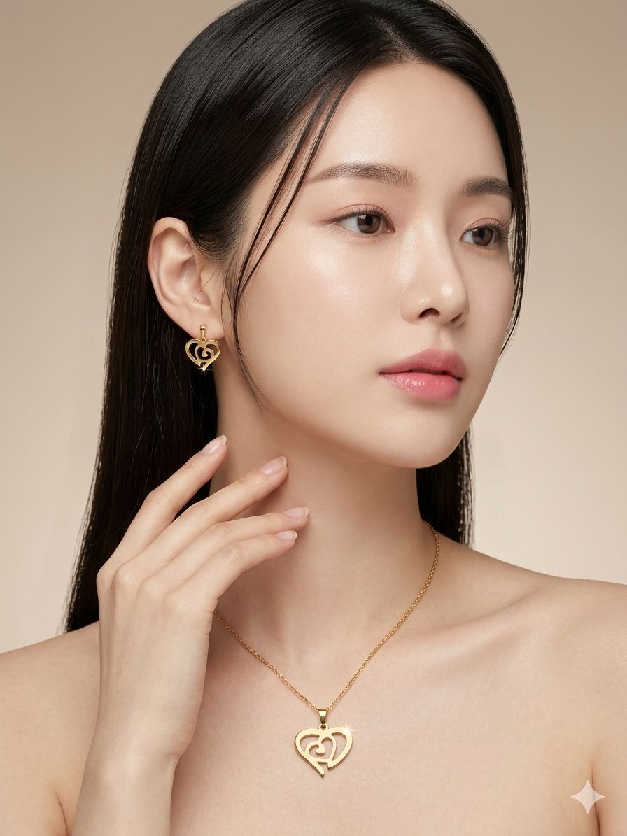 HEART WITH INNERHEART PENDENT CHAIN WITH EARRING SET