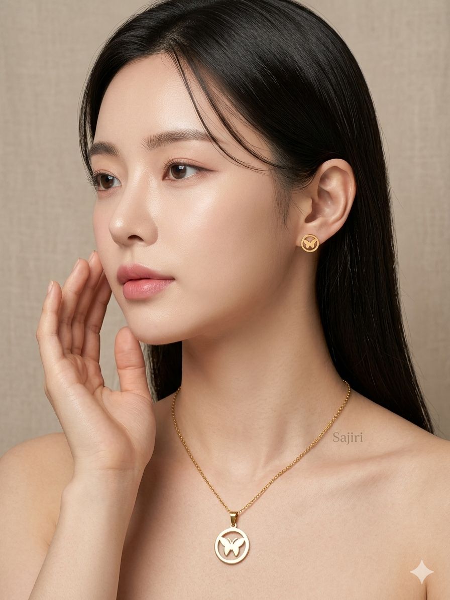 BUTTERFLY INSIDE CIRCLE PENDNET CHAIN WITH EARRING