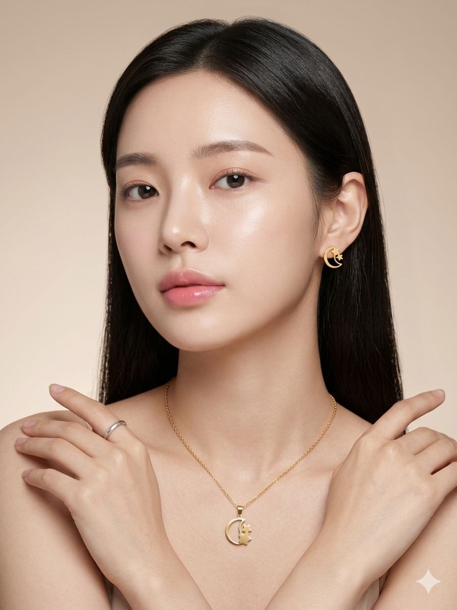 MOON HALF PENDENT CHAIN WITH EARRING SET
