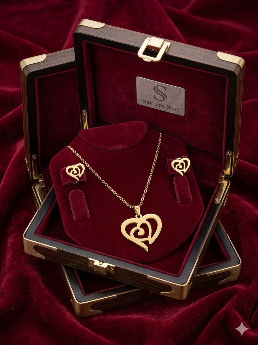 HEART WITH INNERHEART PENDENT CHAIN WITH EARRING SET