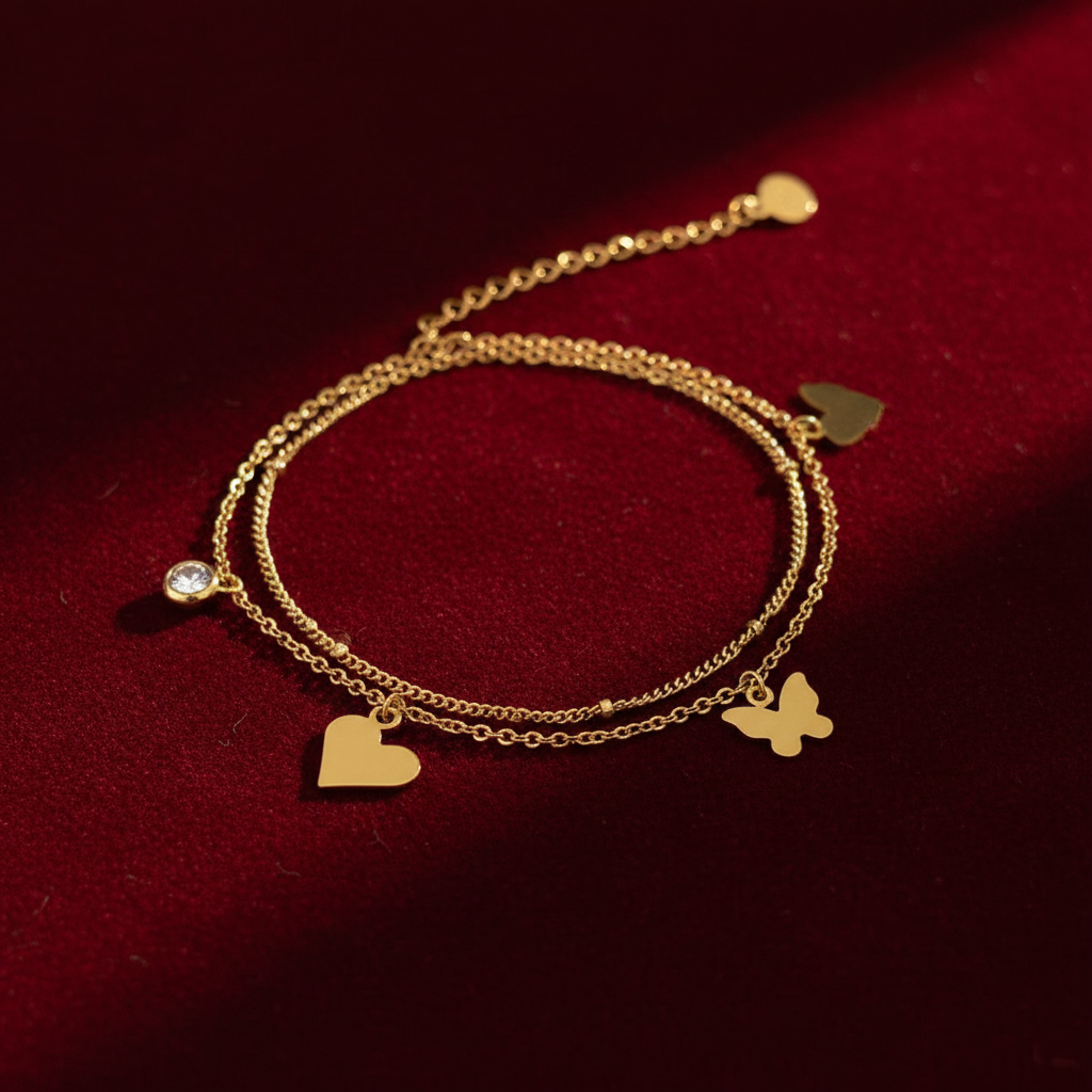 GOLD PLATED DOUBLE LAYERED HEART AND DAIMOND BRACLETS