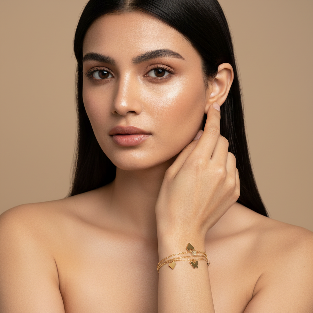 GOLD PLATED DOUBLE LAYERED HEART AND DAIMOND BRACLETS