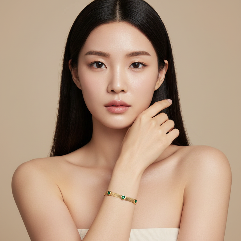 GOLD PLATED BLOCK CHAIN WITH GREEN CRYSTAL HEART