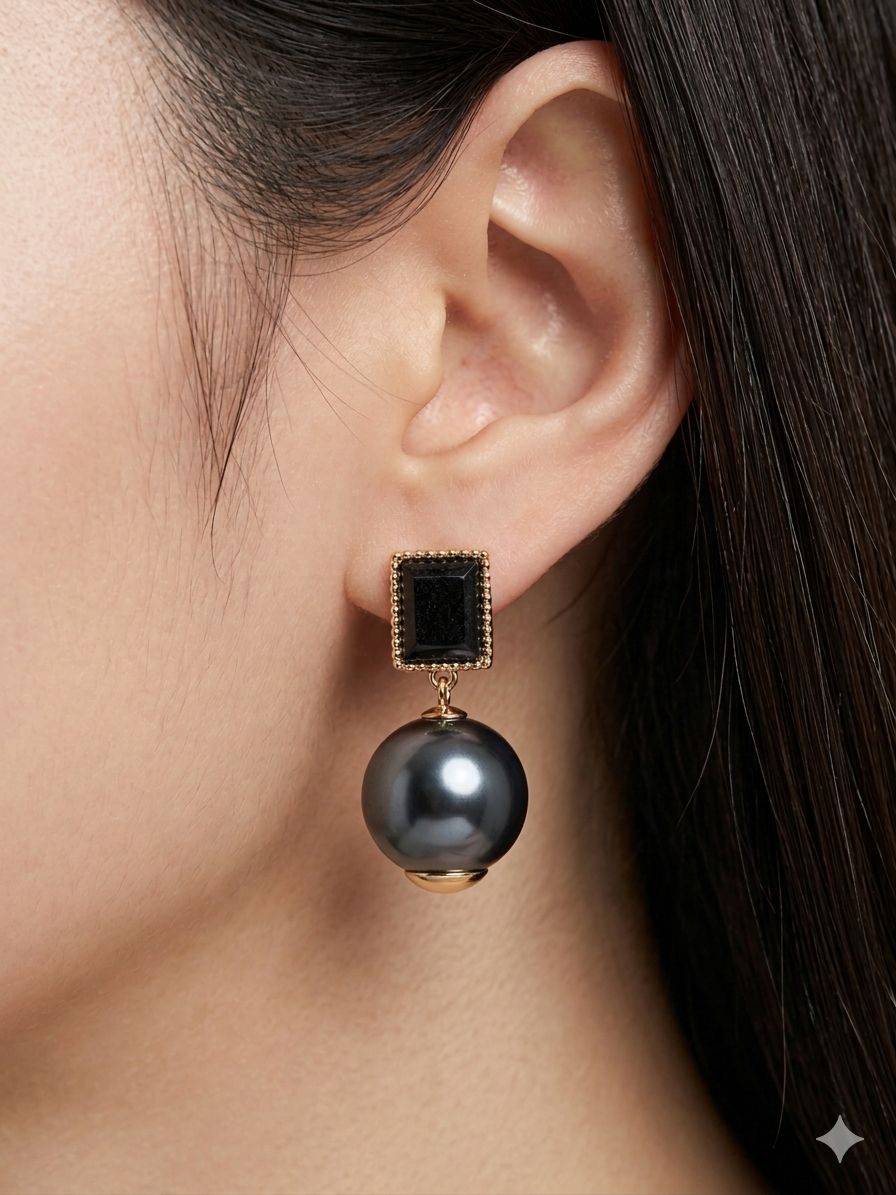 black pearl with black sqaure block earring