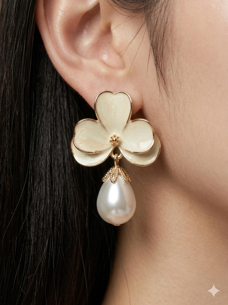 white pearl with white 2 double petal flower block earring